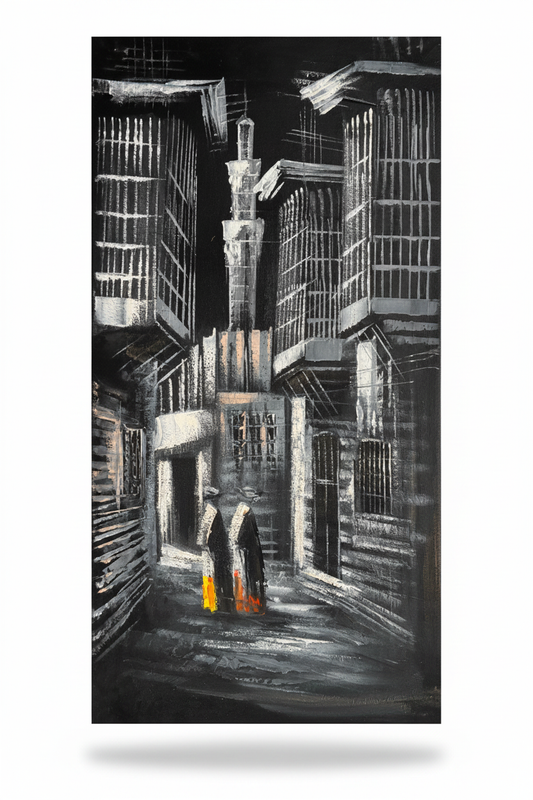 Old City Alleyway with Minaret original oil painting on white background with natural shadow