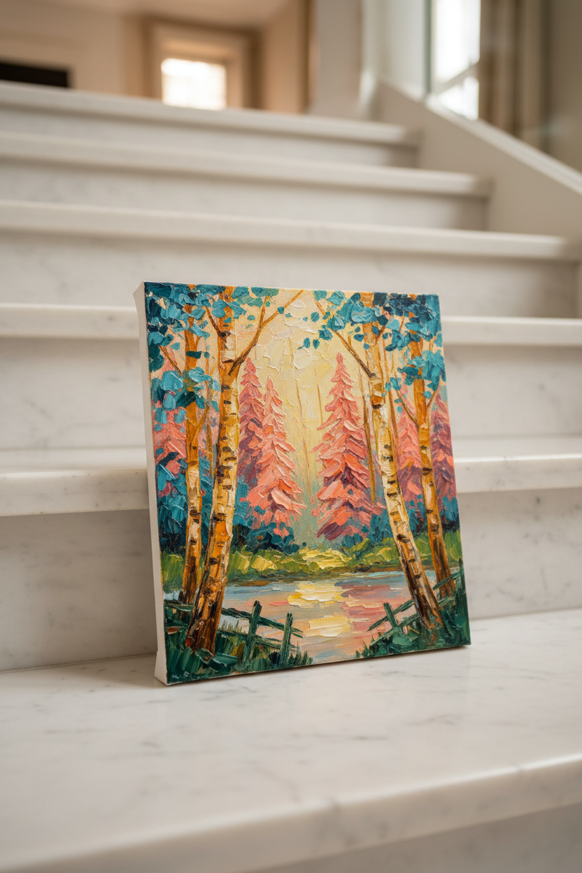Original colorful forest impasto oil painting leaning on marble staircase step in luxury home interior
