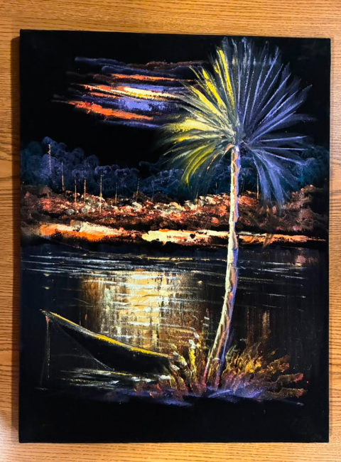 Palm Tree by the River at Night — Original Oil Painting on Canvas