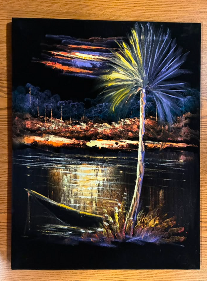 Palm Tree by the River at Night — Original Oil Painting on Canvas