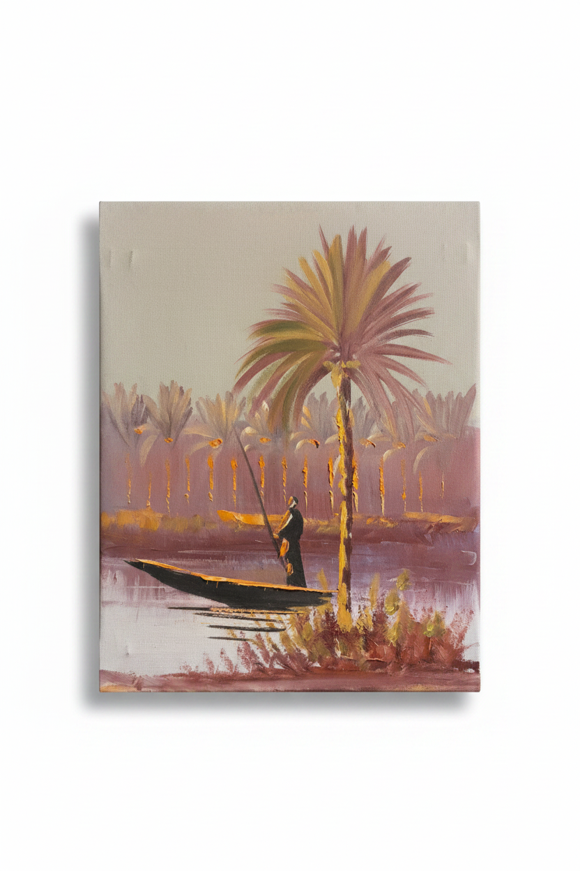 Riverside palm and fisherman oil painting isolated on white background with soft drop shadow — no frame