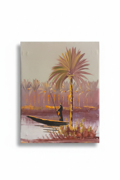 Riverside palm and fisherman oil painting isolated on white background with soft drop shadow — no frame