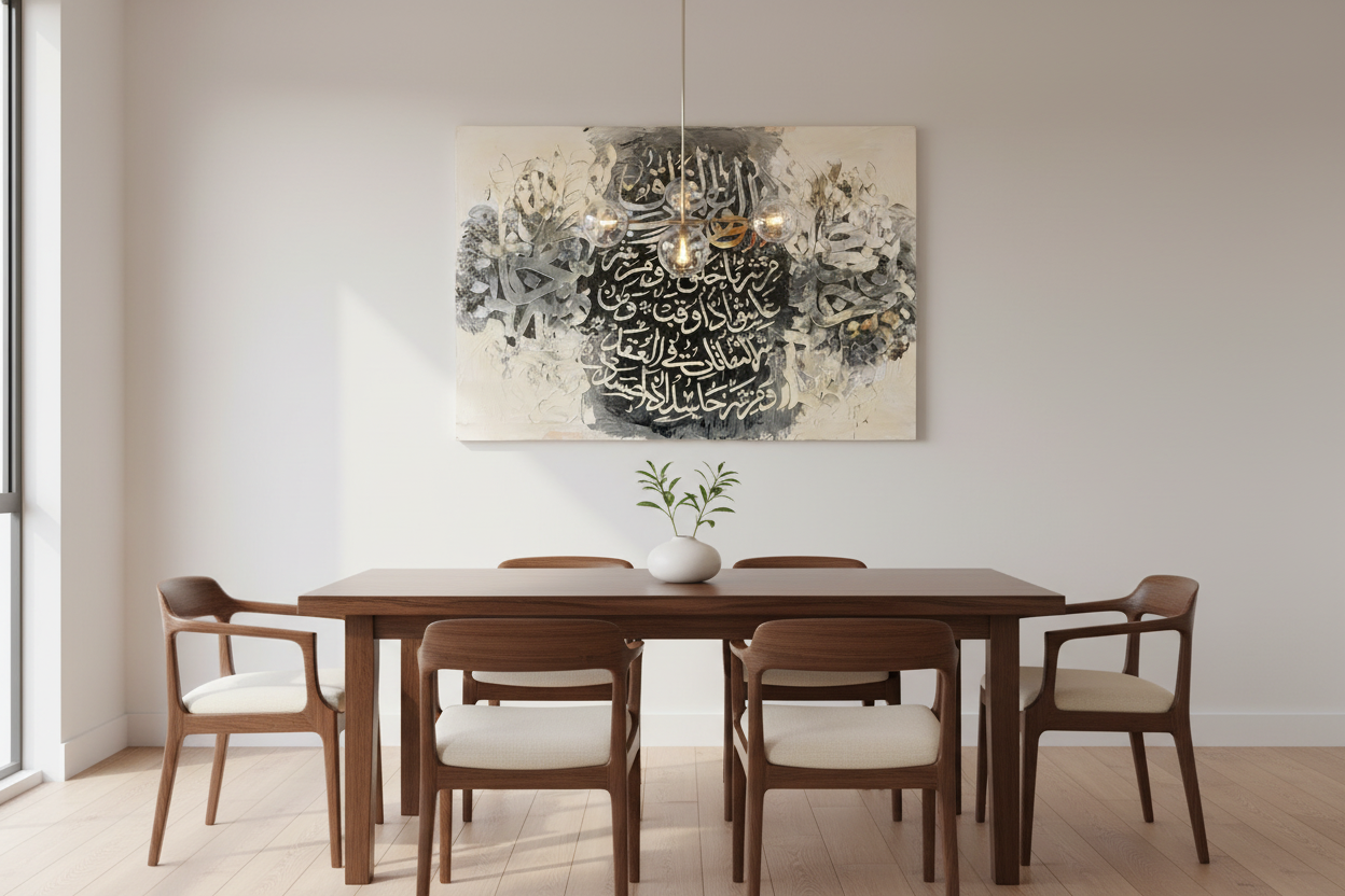 Surah Al-Falaq calligraphy canvas displayed in a dining area, no frame