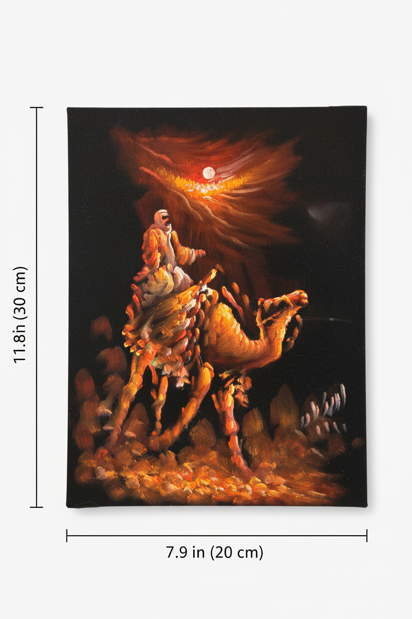 Bedouin camel rider canvas art with dimensions 7.9 inches wide x 11.8 inches tall 20cm x 30cm