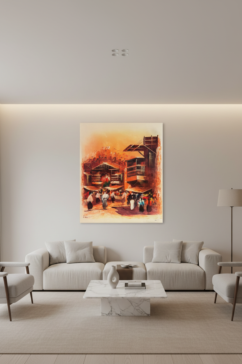 Middle Eastern souk oil painting mounted on empty wall in a modern luxury living room