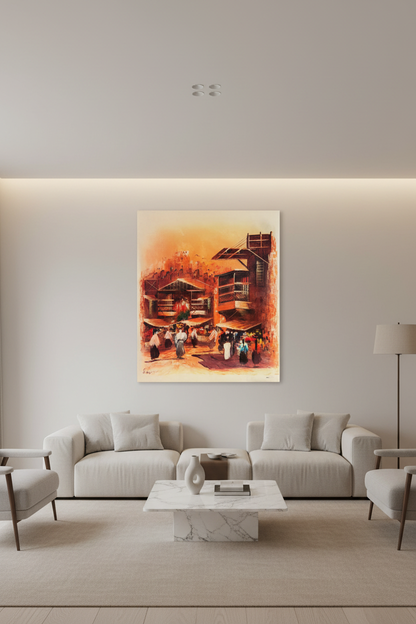 Middle Eastern souk oil painting mounted on empty wall in a modern luxury living room