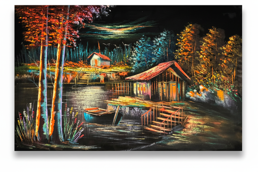 Autumn lakeside cabin canvas art on white background with shadow — clean product view