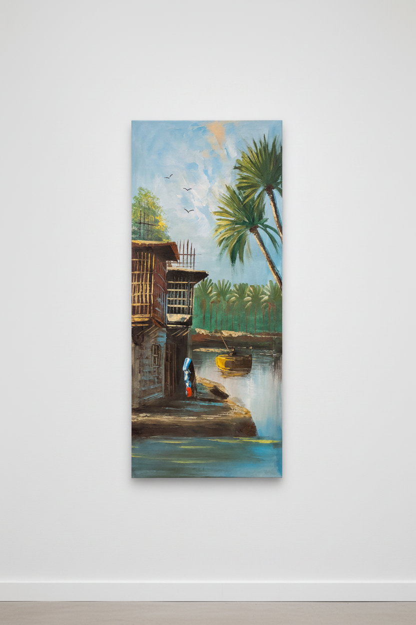 Original oil painting hung centered on a clean empty wall – no frame, canvas only