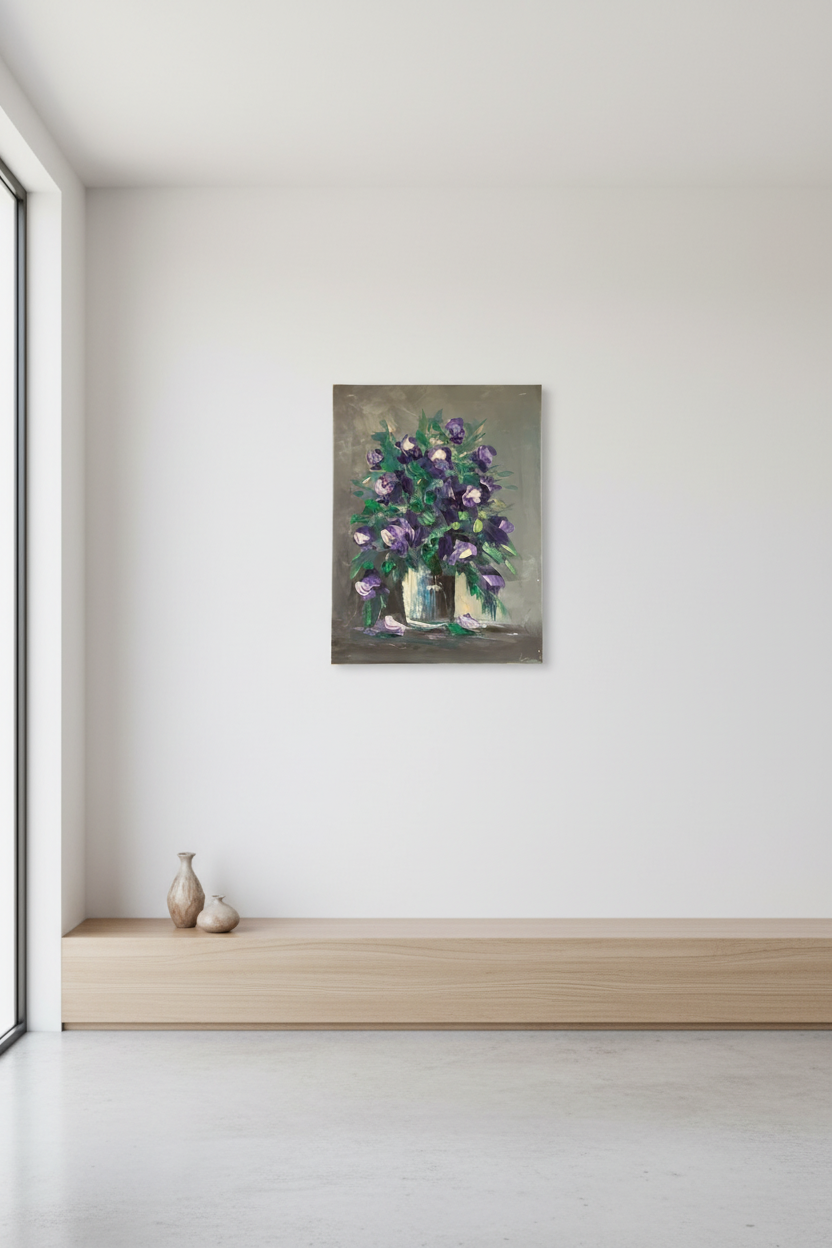 Purple roses bouquet oil painting hung on empty wall – frameless display
