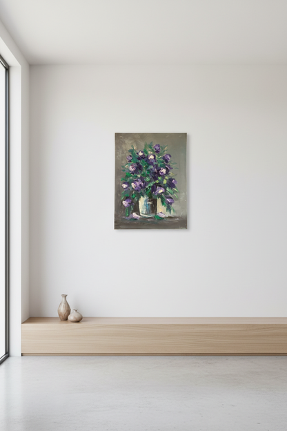 Purple roses bouquet oil painting hung on empty wall – frameless display