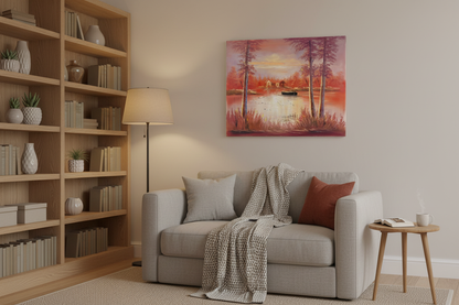 Original crimson autumn lake oil painting displayed in a cozy sitting and reading room — frameless wall art