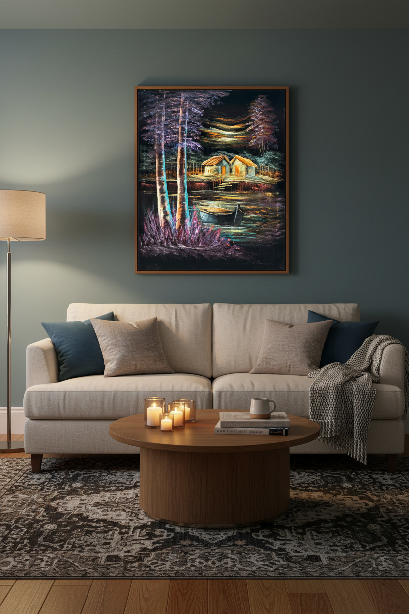 Tranquil lakeside village night scene canvas art staged in a cozy living room sitting area above a sofa