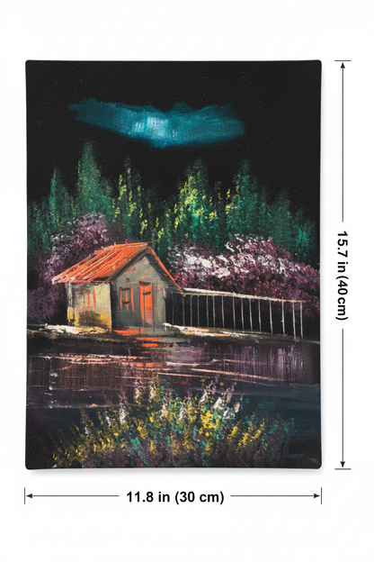 Moonlit forest cabin lake canvas art with dimensions 11.8 inches wide x 15.7 inches tall 30cm x 40cm