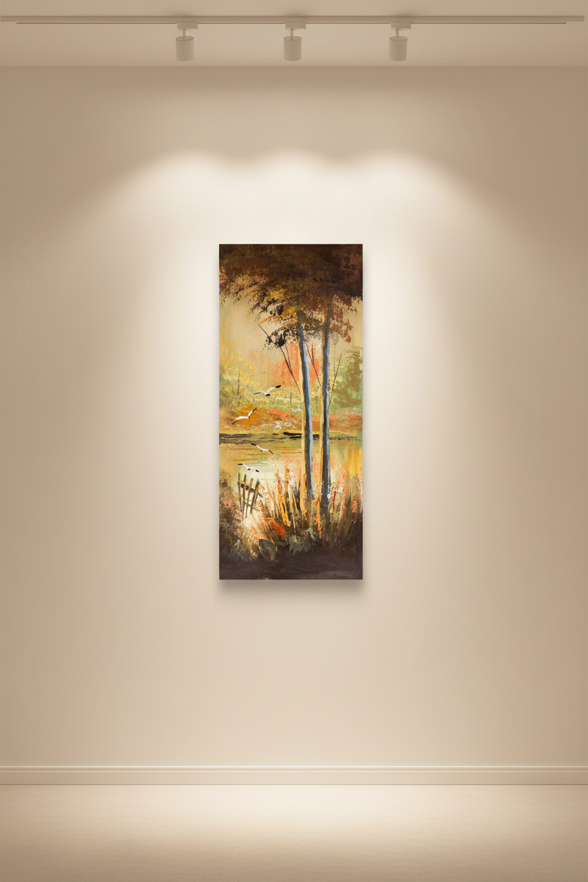 Original oil painting hung centered on a clean empty white wall, no frame, canvas only