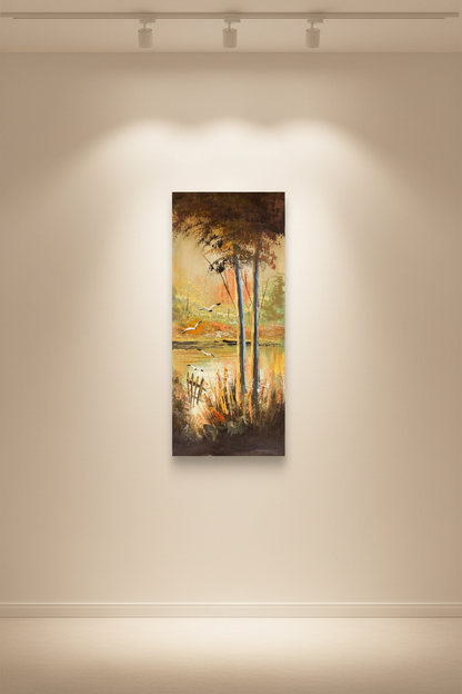 Original oil painting hung centered on a clean empty white wall, no frame, canvas only