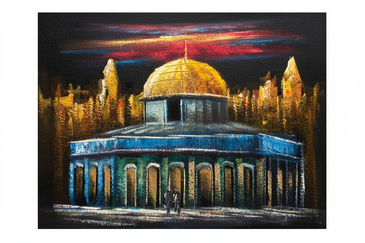 Dome of the Rock panorama at night fine art canvas on white background product photo