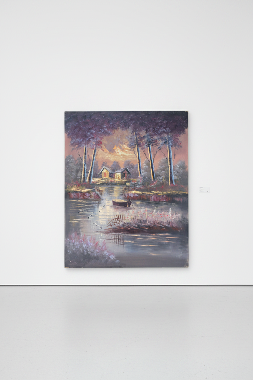 Original twilight woodland oil painting leaning against a white gallery wall — frameless canvas display