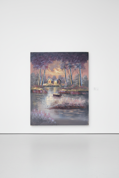 Original twilight woodland oil painting leaning against a white gallery wall — frameless canvas display