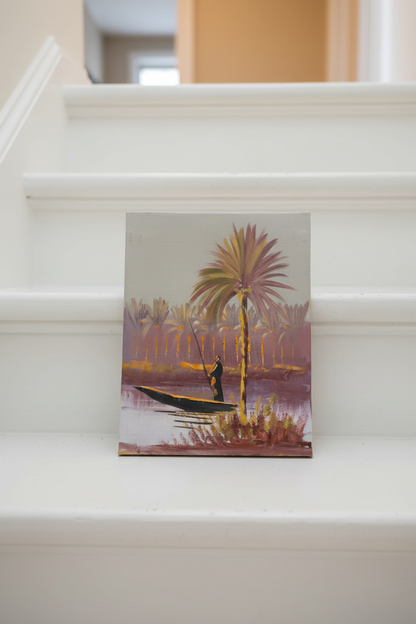 Original riverside palm oil painting leaning on marble staircase step in luxury home interior