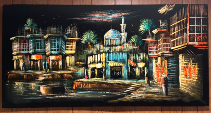 Middle Eastern waterfront bazaar night scene canvas wall art – original painting with teal mosque dome, minaret, historic buildings, palm trees, and water reflections