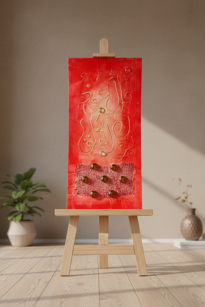 Islamic calligraphy crimson red canvas displayed on art stand