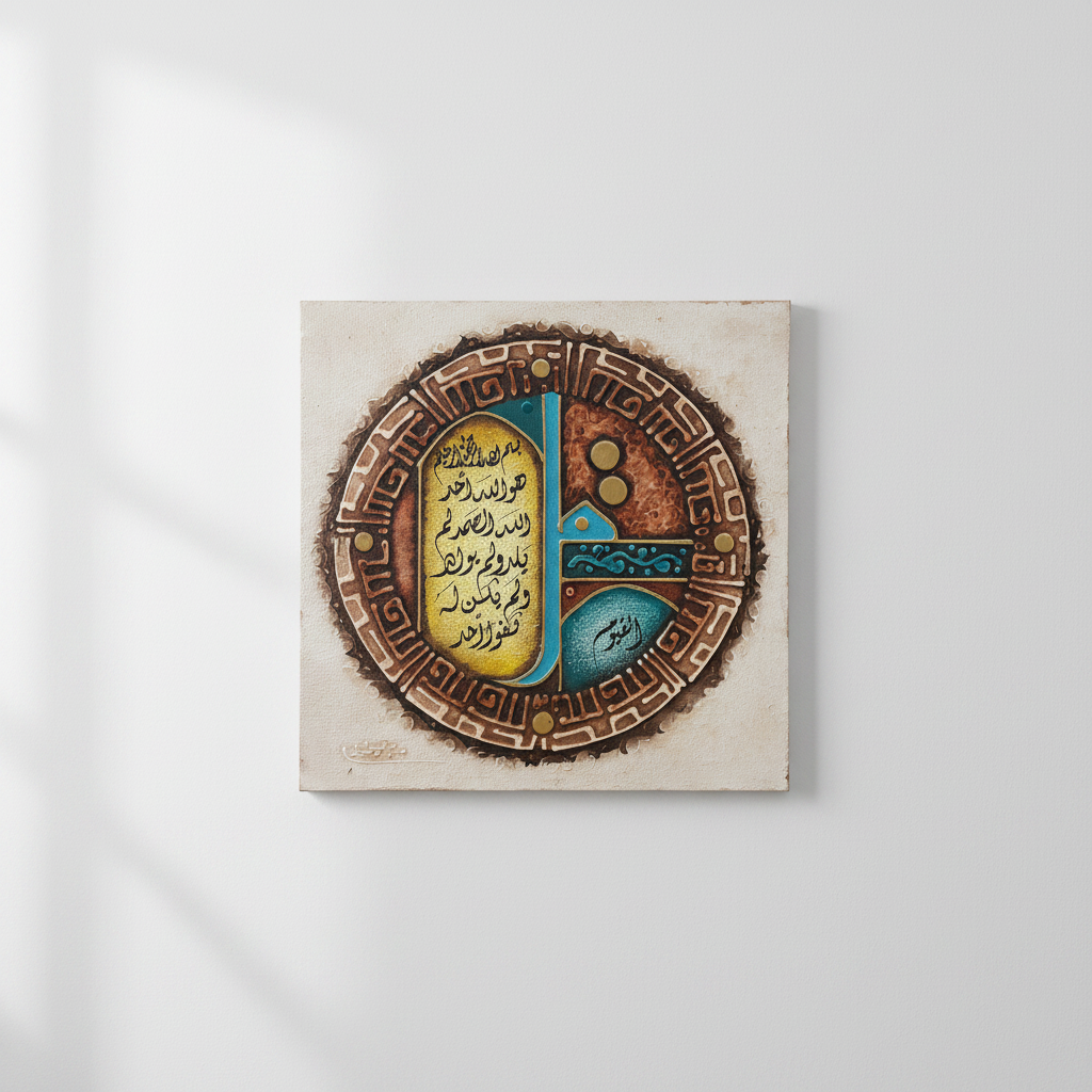 Islamic calligraphy canvas hung on empty white wall