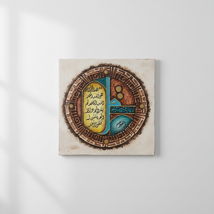 Islamic calligraphy canvas hung on empty white wall