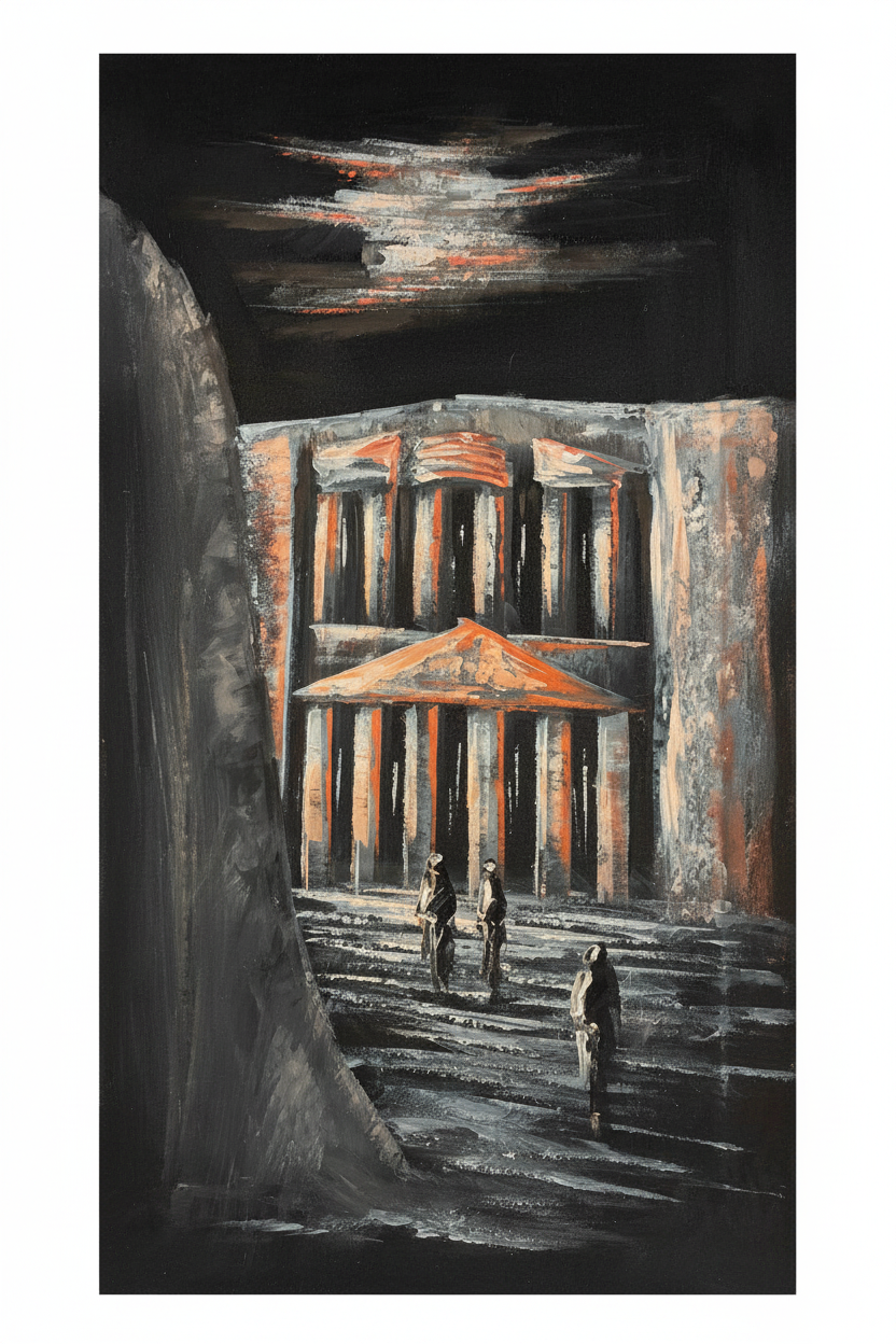 Petra at night original oil painting on white background, no frame