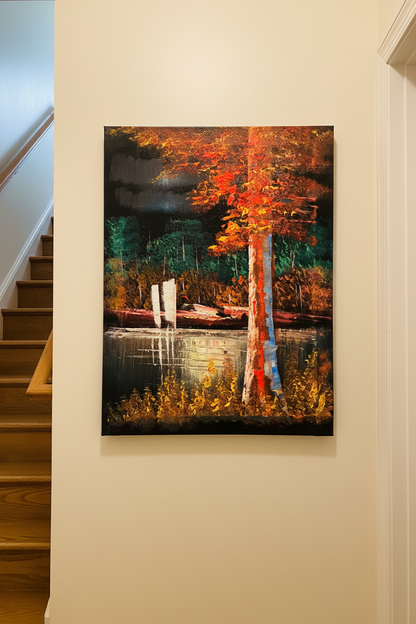 Autumn Forest by the River oil painting on cream white wall in intimate hallway near staircase — no frame, lifestyle interior staging