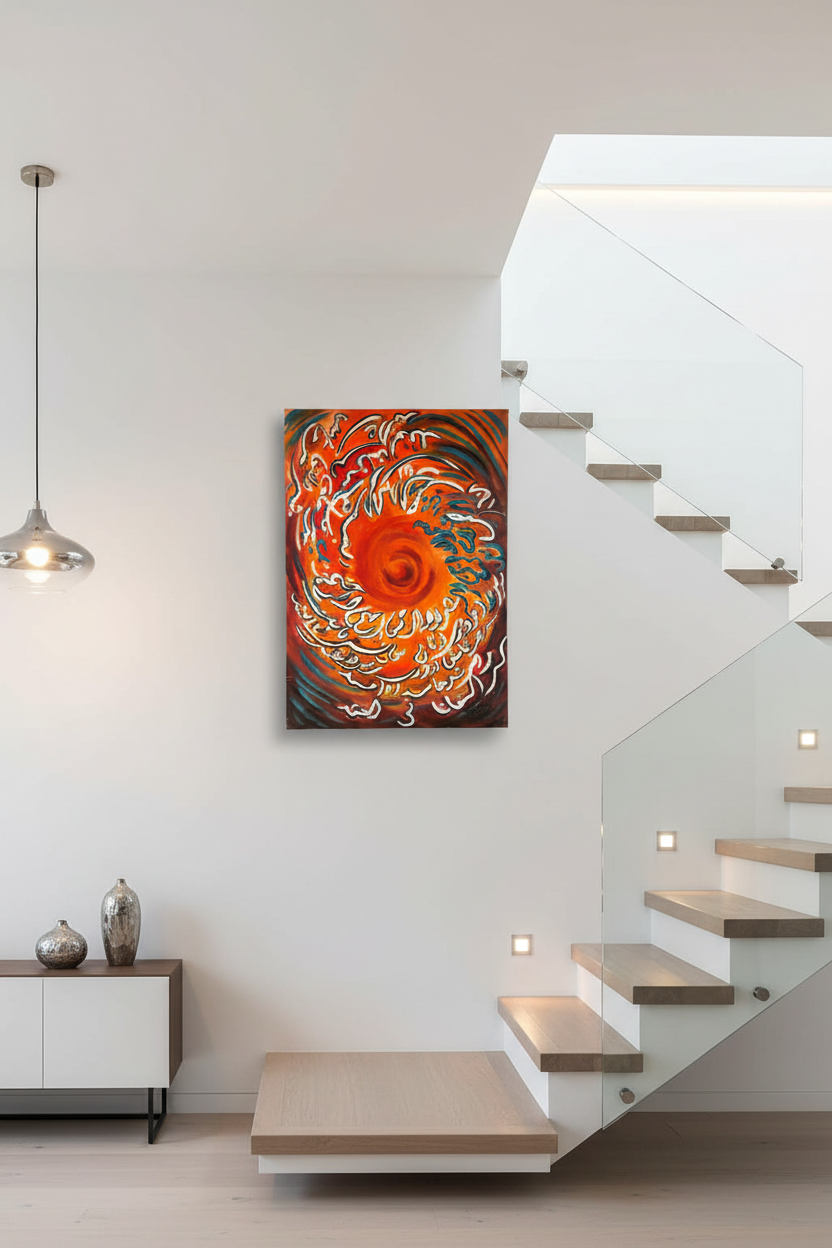 Islamic calligraphy canvas wall art displayed on staircase wall in elegant home interior