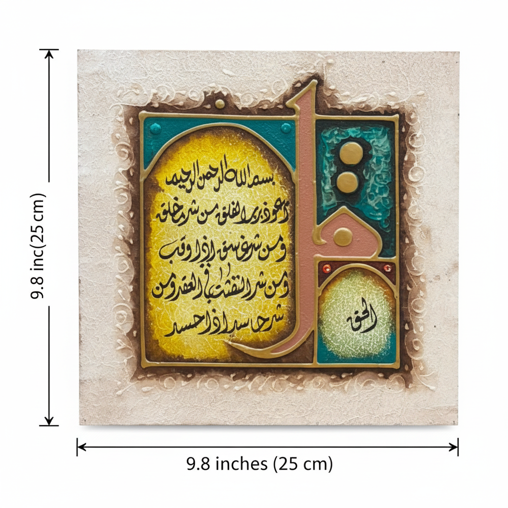 Surah Al-Falaq Teal Edition canvas dimension diagram – 9.8 inches x 9.8 inches (25cm x 25cm)