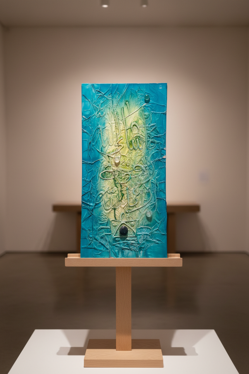 Islamic calligraphy teal aqua canvas displayed on art stand
