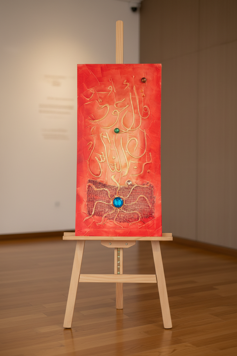 Islamic calligraphy red mixed media canvas displayed on art stand