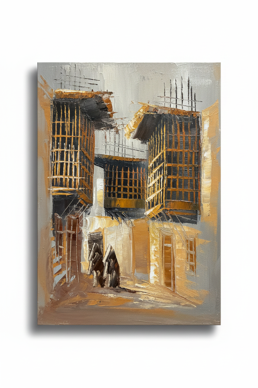 Ancient alleyway oil painting isolated with shadow, no background