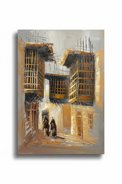 Ancient alleyway oil painting isolated with shadow, no background