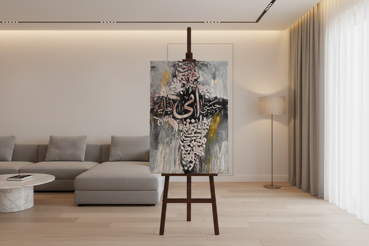 Silver and rose Islamic calligraphy canvas displayed on easel stand in modern living room