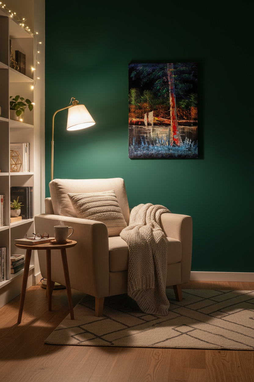 Forest River Birch Tree oil painting on forest green accent wall in cozy reading nook — lifestyle art display