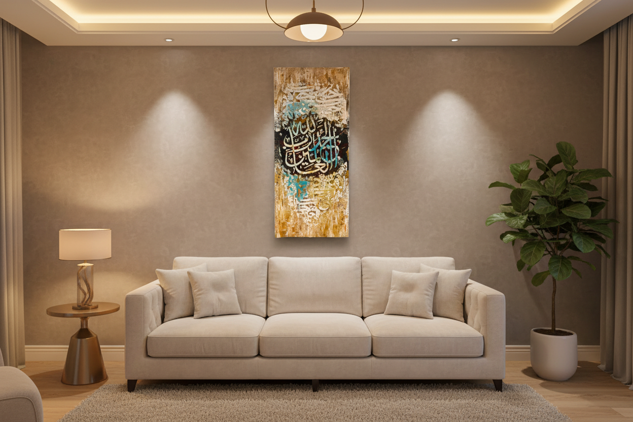 Alhamdulillah Rabb Al-Alameen Quran calligraphy canvas wall art displayed in a modern living room, no frame