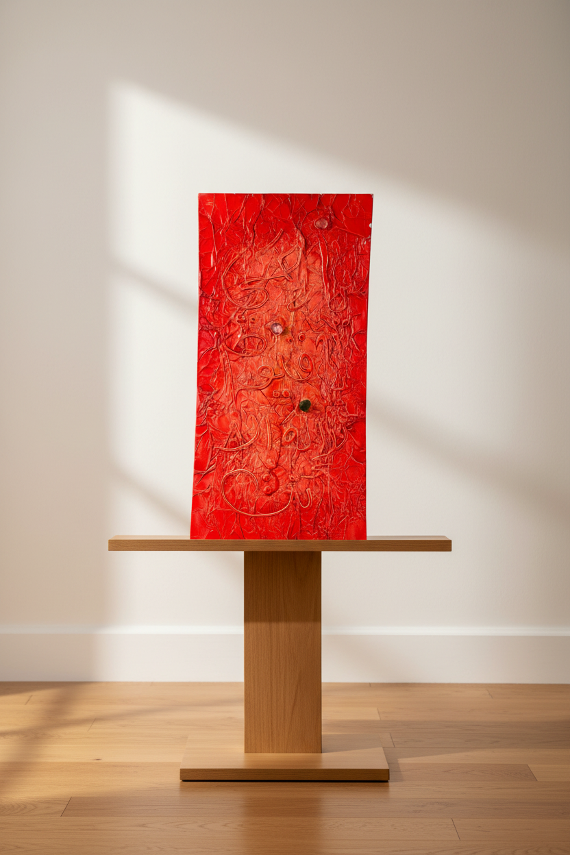 Islamic calligraphy scarlet red canvas displayed on art stand