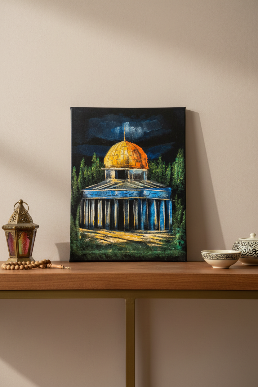 Dome of the Rock close-up night canvas art propped on wooden shelf in sophisticated minimalist home with Islamic heritage decor lifestyle photo
