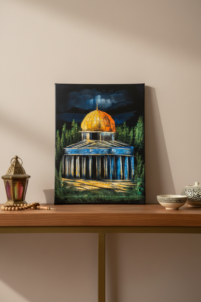 Dome of the Rock close-up night canvas art propped on wooden shelf in sophisticated minimalist home with Islamic heritage decor lifestyle photo