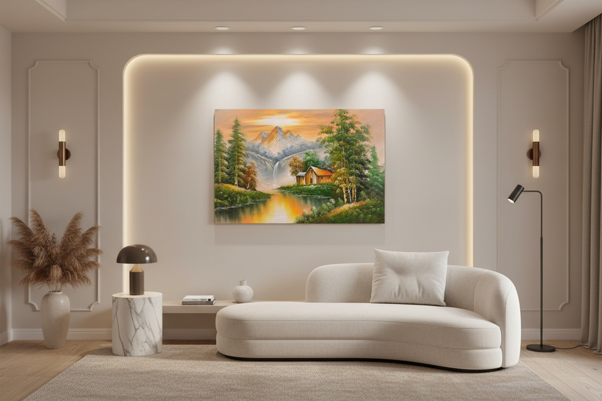 Original mountain waterfall cabin oil painting hung unframed on feature wall in a sophisticated modern leaving room at correct scale 35.43 by 23.62 inches