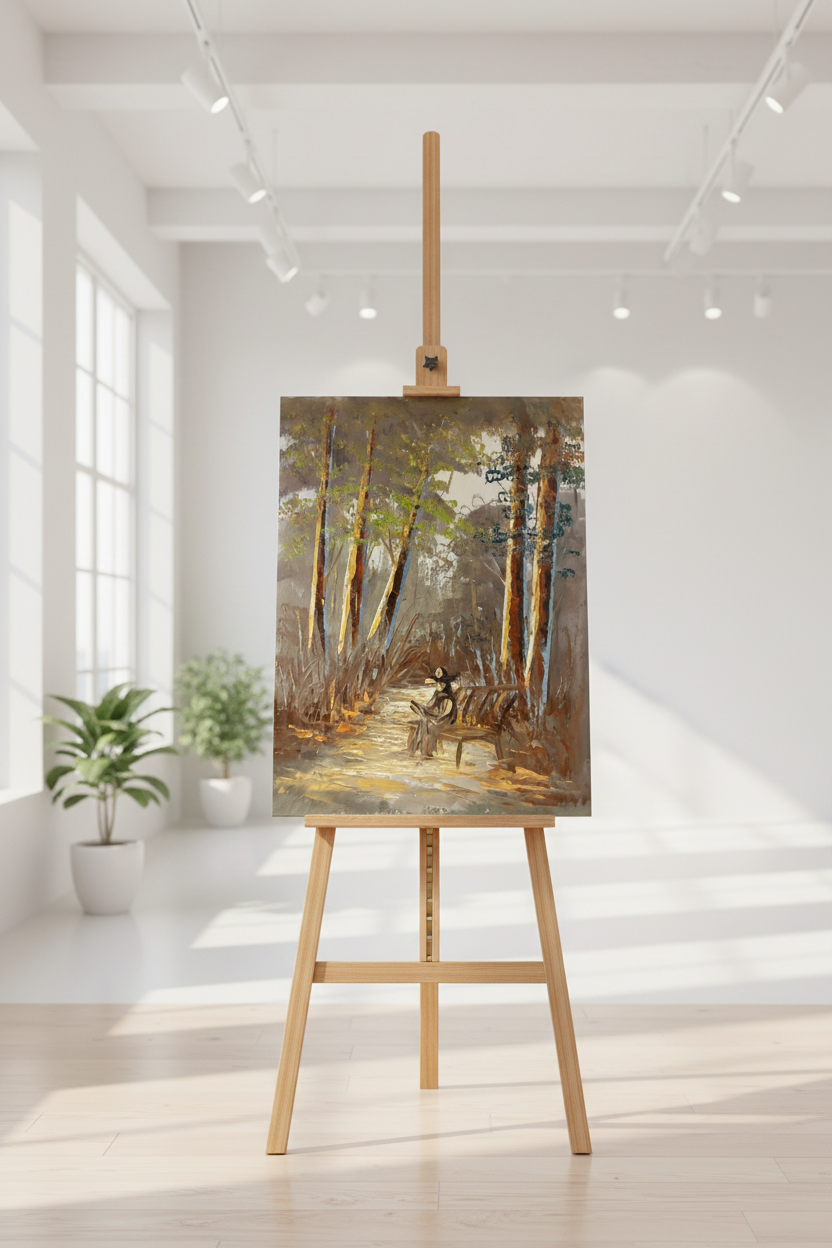 Forest path painting displayed on wooden easel stand in minimalist studio