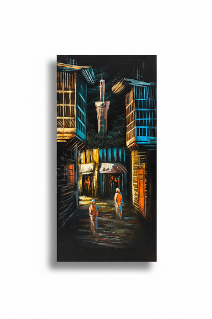 Original oil painting on white background with shadow – minaret alley nocturnal Middle Eastern street scene
