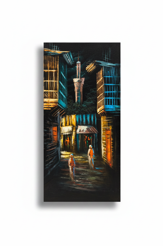 Original oil painting on white background with shadow – minaret alley nocturnal Middle Eastern street scene