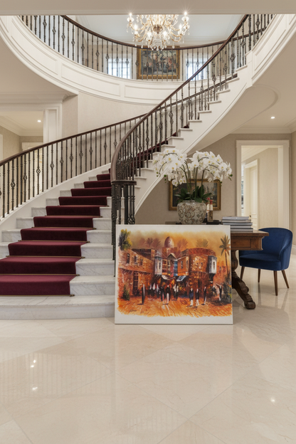 Middle Eastern bazaar oil painting leaning near staircase in an elegant home interior
