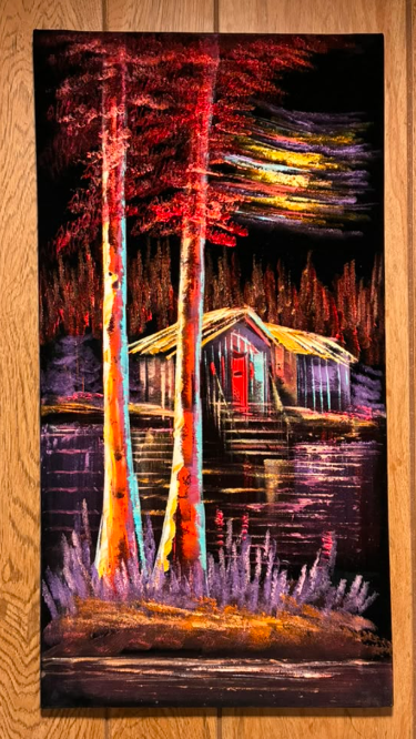 Red Forest Cabin by the Lake at Night — Original Oil Painting on Canvas | 11.81" × 23.62"