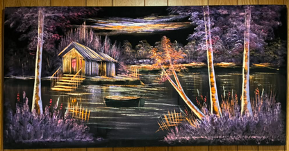Purple and gold lakeside cabin night scene canvas wall art – original painting with glowing boathouse, rowboat, birch trees, lavender wildflowers, and water reflections