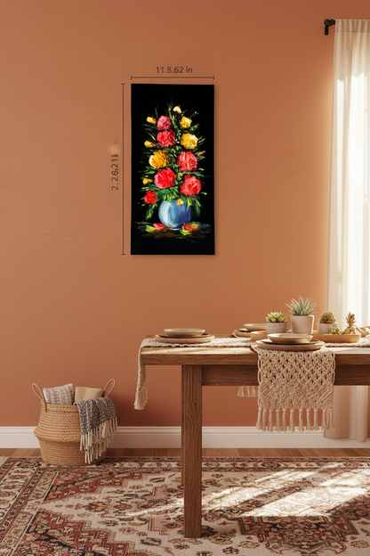 Original acrylic rose bouquet painting displayed unframed on a terracotta bohemian dining room wall