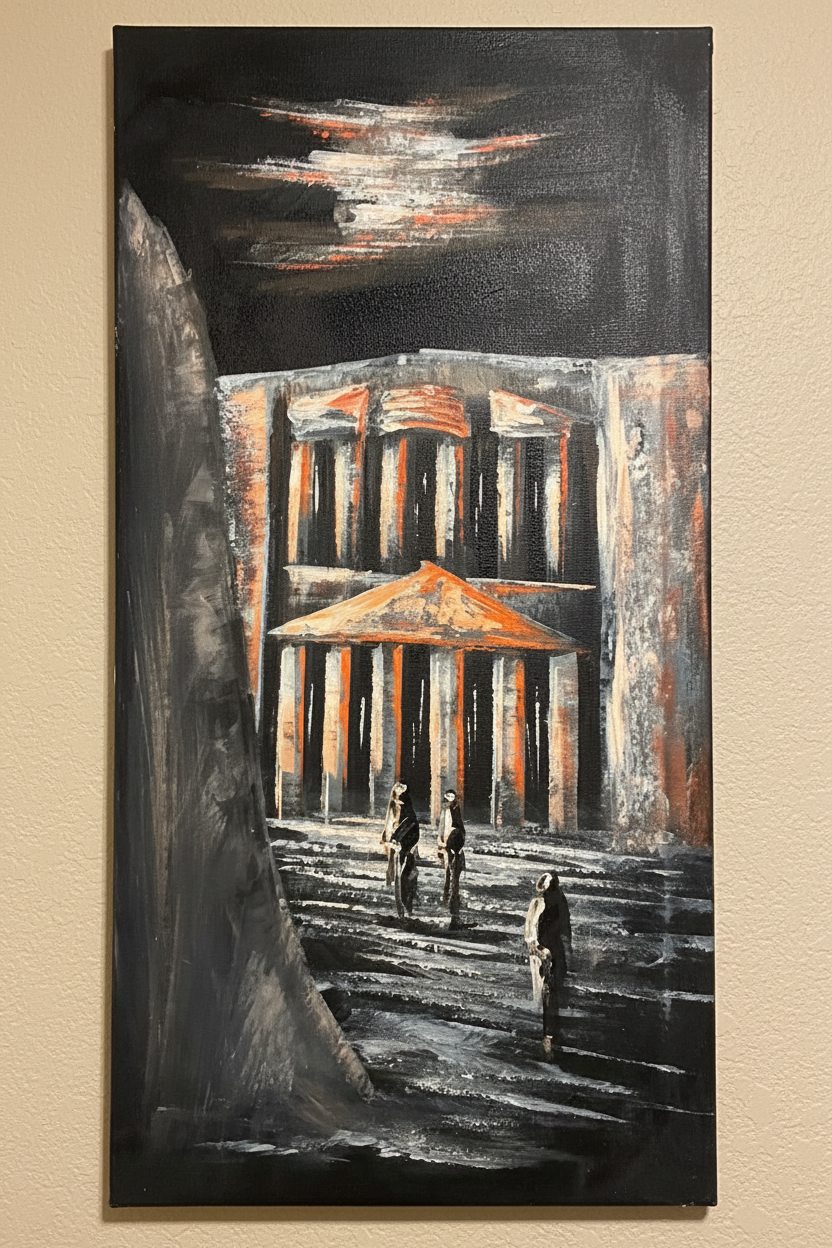 Petra at night painting displayed on sand beige plaster wall